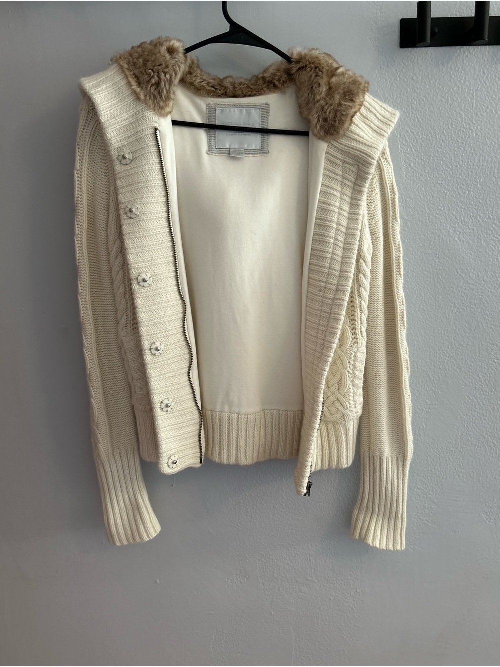 American Eagle Outfitters Cream Knit Hooded Cardigan with Faux-Fur Collar